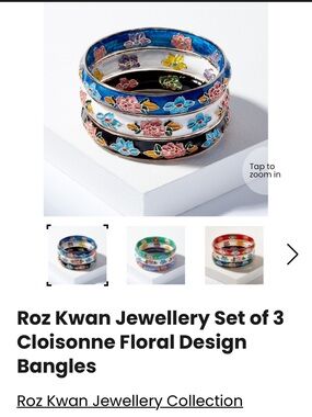 New in Box! Roz Kwan Set of 3 Cloisonné Floral Bangles – Blue, White, Black